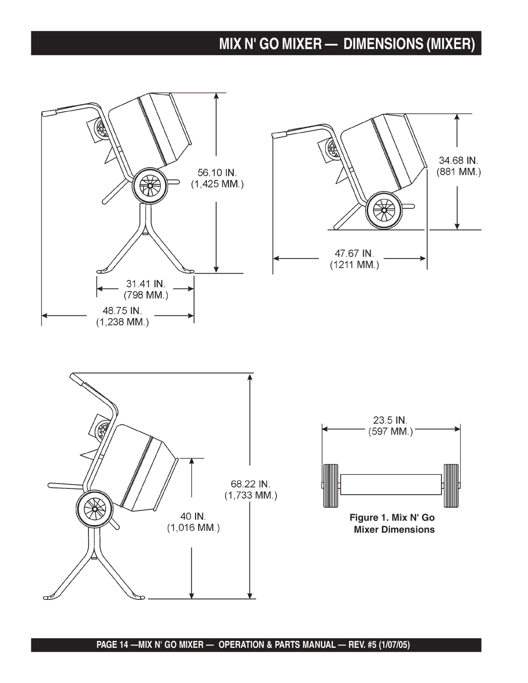 Multiquip MC3PE, MC3SE, MC3S (B&S), MC3P (B&S) manual MIX N GO Mixer Dimensions Mixer 