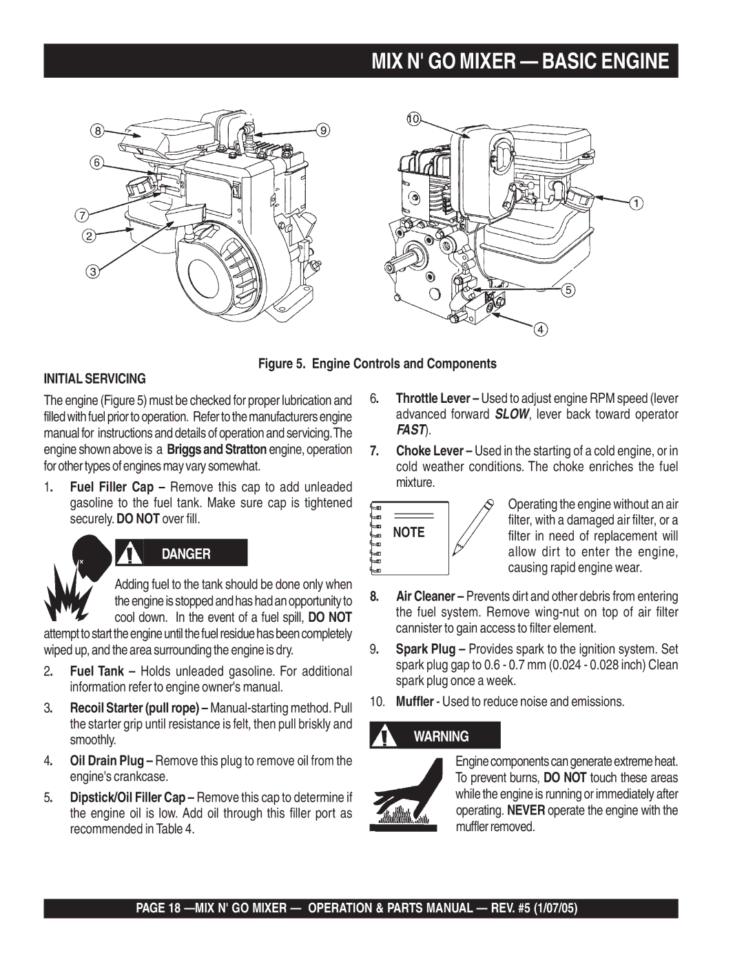 Multiquip MC3PE, MC3SE, MC3S (B&S), MC3P (B&S) manual MIX N GO Mixer Basic Engine, Engine Controls and Components 