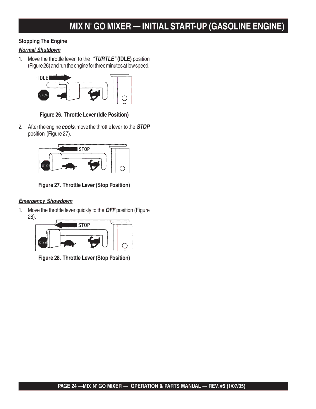 Multiquip MC3SE, MC3S (B&S), MC3PE, MC3P (B&S) manual MIX N GO Mixer Initial START-UP Gasoline Engine, Stopping The Engine 