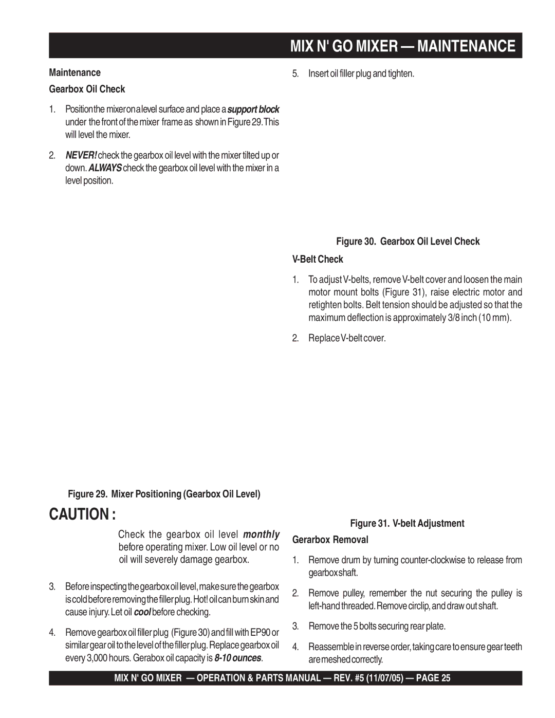 Multiquip MC3S (B&S), MC3SE, MC3PE, MC3P (B&S) manual MIX N GO Mixer Maintenance, Maintenance Gearbox Oil Check 