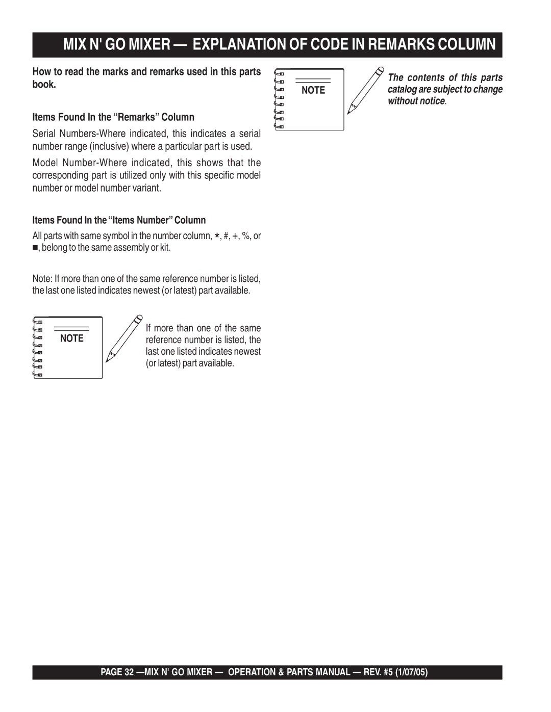 Multiquip MC3SE, MC3S (B&S) MIX N GO Mixer Explanation of Code in Remarks Column, Items Found In the Items Number Column 