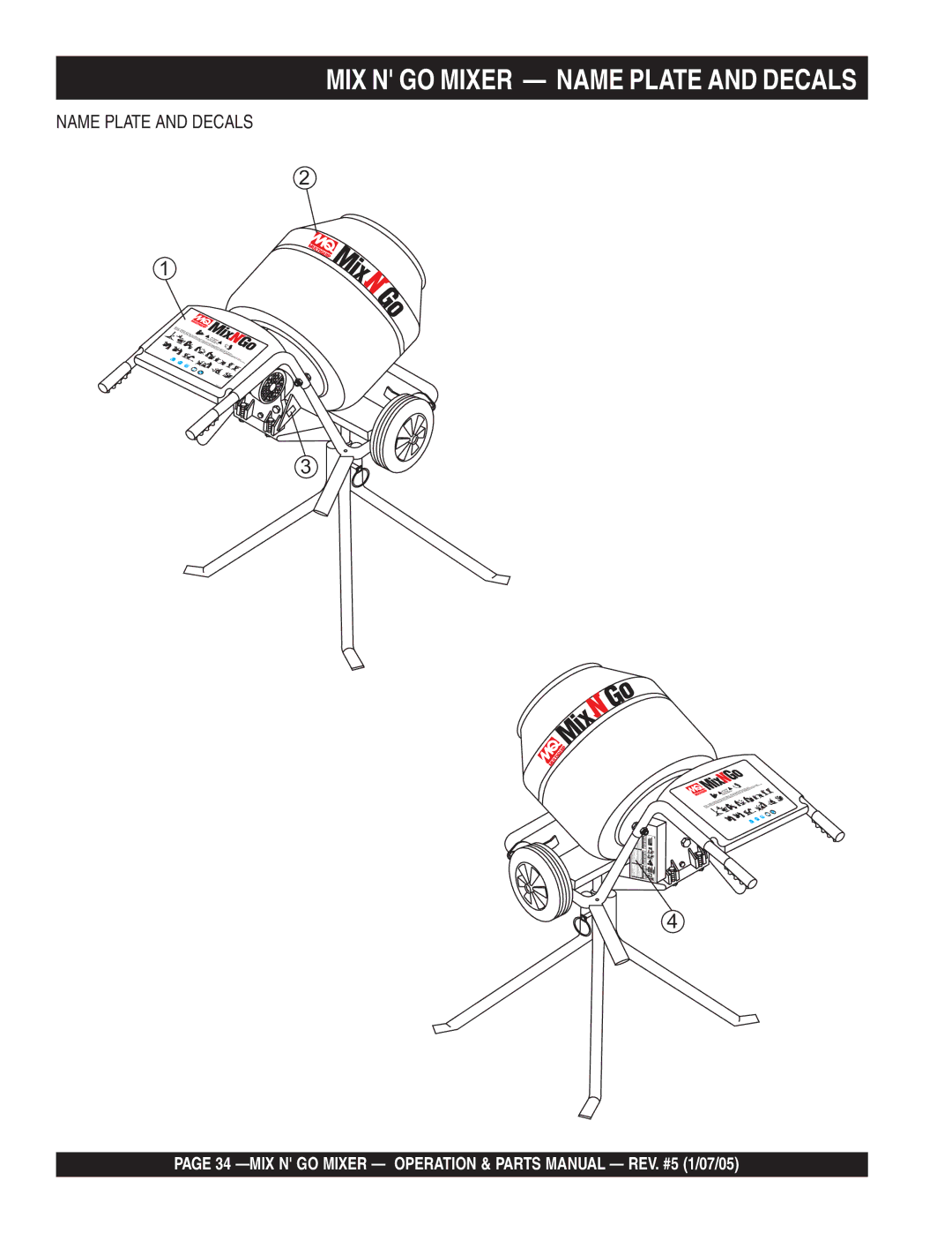 Multiquip MC3PE, MC3SE, MC3S (B&S), MC3P (B&S) manual MIX N GO Mixer Name Plate and Decals 