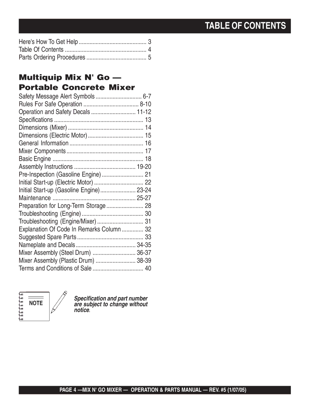 Multiquip MC3SE, MC3S (B&S), MC3PE, MC3P (B&S) manual Table of Contents 