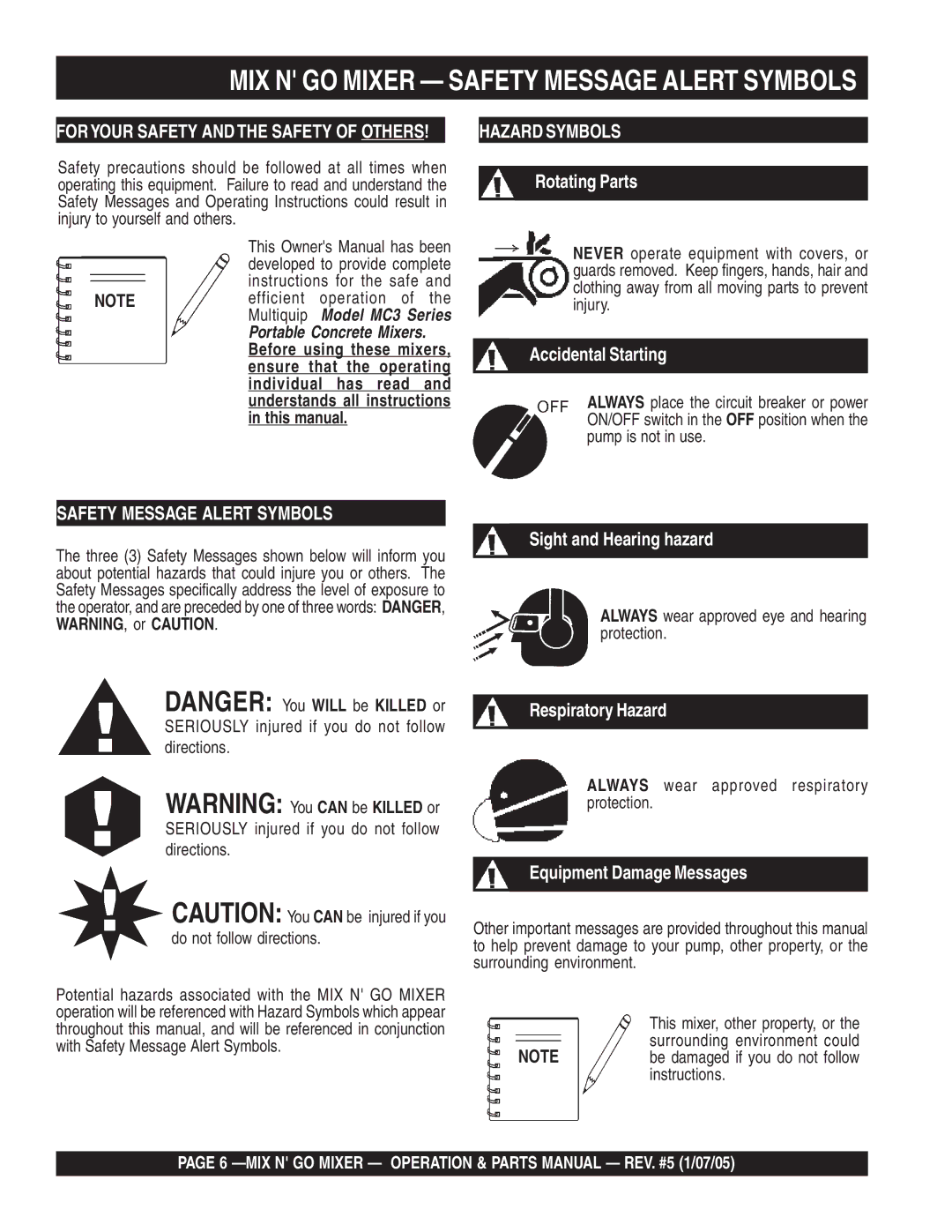 Multiquip MC3PE, MC3SE, MC3S (B&S) MIX N GO Mixer Safety Message Alert Symbols, Foryour Safety and the Safety of Others 