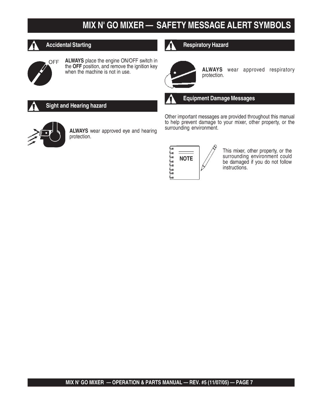 Multiquip MC3P (B&S) manual MIX N GO Mixer Safety Message Alert Symbols, Sight and Hearing hazard Equipment Damage Messages 