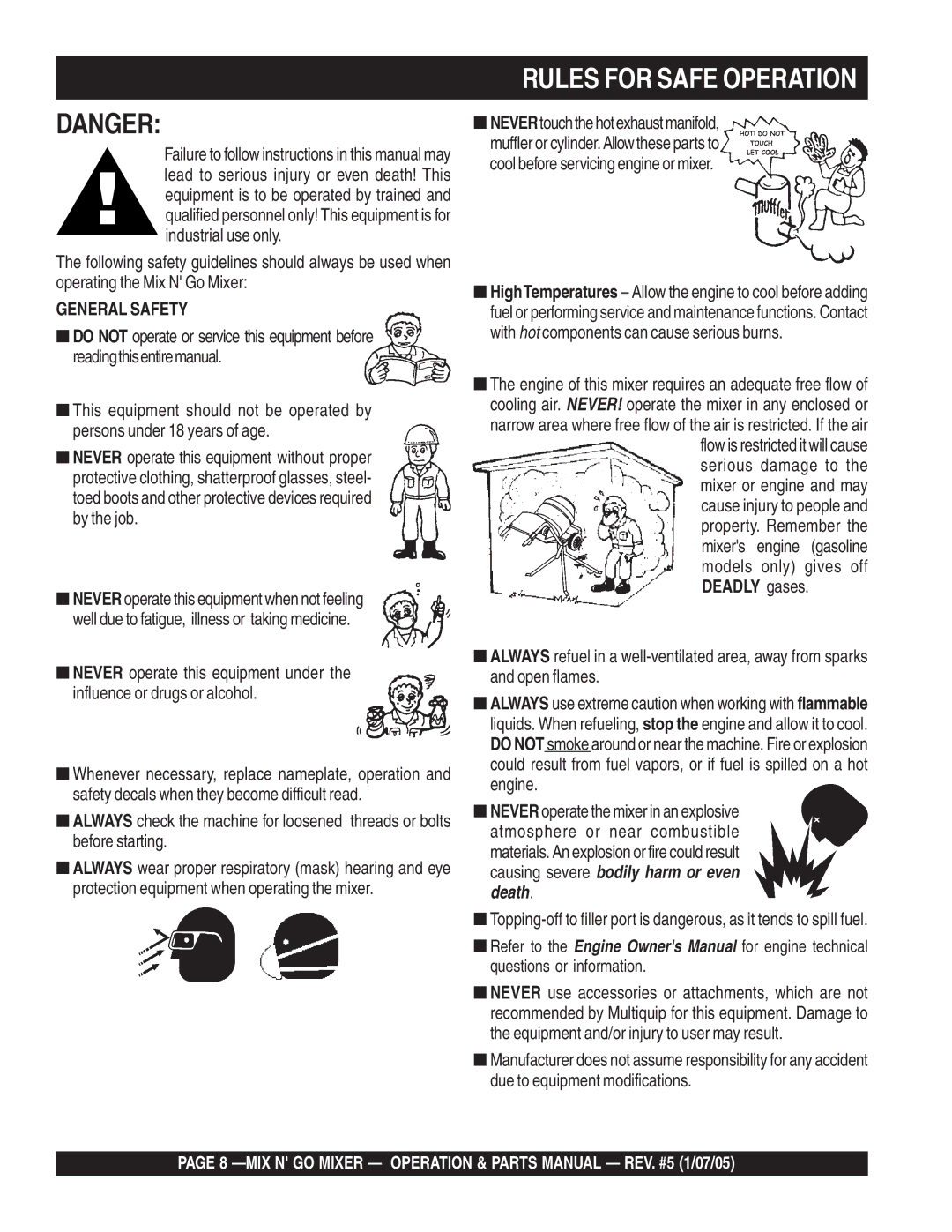 Multiquip MC3SE, MC3S (B&S), MC3PE, MC3P (B&S) manual Rules for Safe Operation, General Safety 