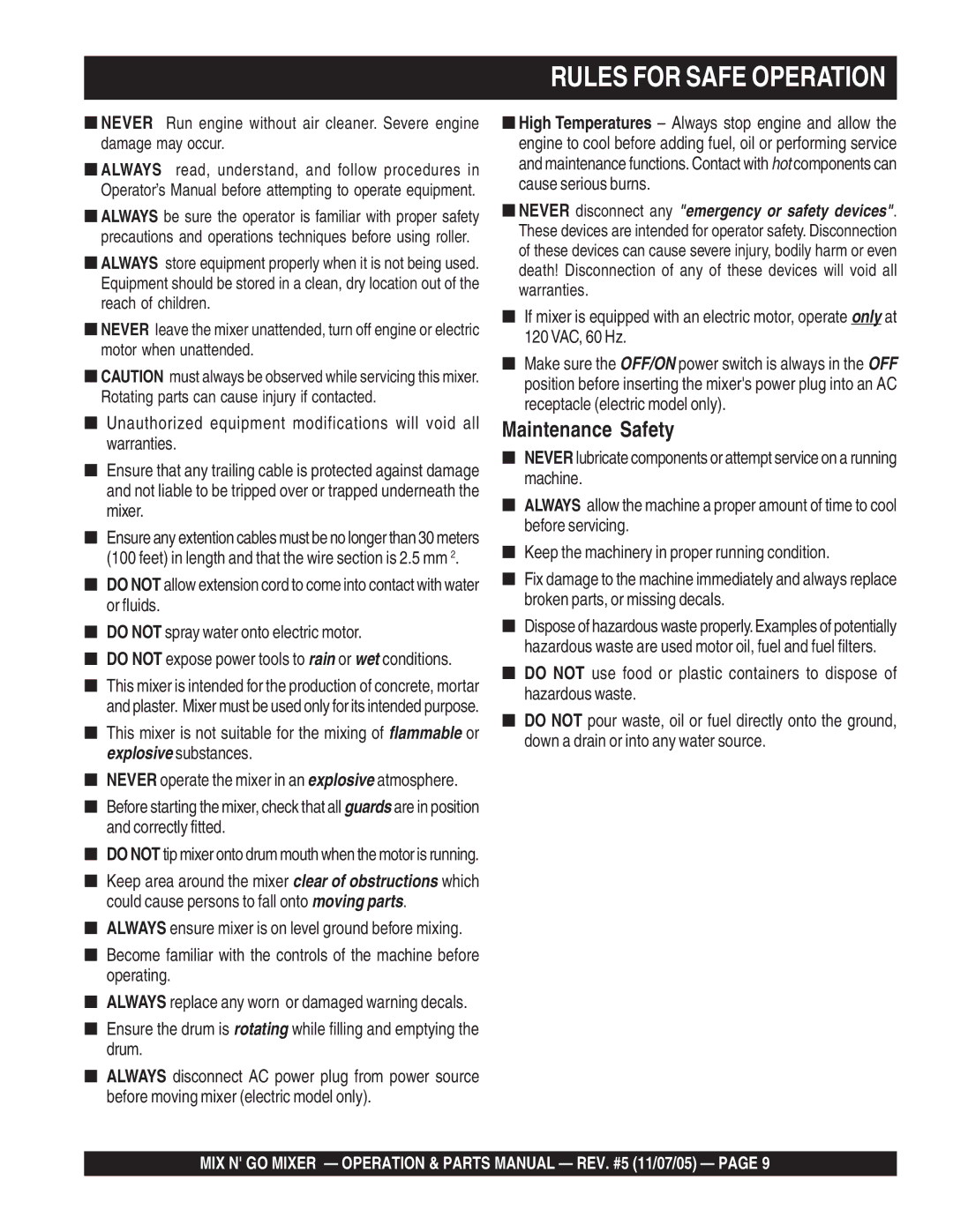 Multiquip MC3S (B&S), MC3SE, MC3PE, MC3P (B&S) manual Rules for Safe Operation 