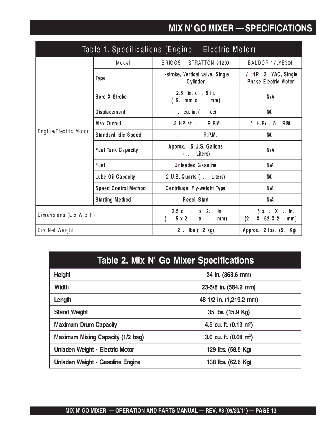 Multiquip MC3PBA (B&S), MC3SEA, MC3SBA (B&S) MIX N GO Mixer Specifications, Model, Dimensions L x W x H, Dry Net Weight 