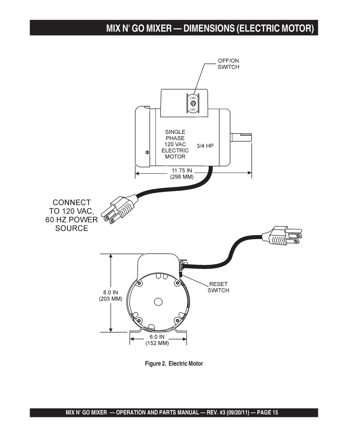 Multiquip MC3PEA, MC3SEA, MC3PBA (B&S), MC3SBA (B&S) manual MIX N GO Mixer Dimensions Electric Motor 