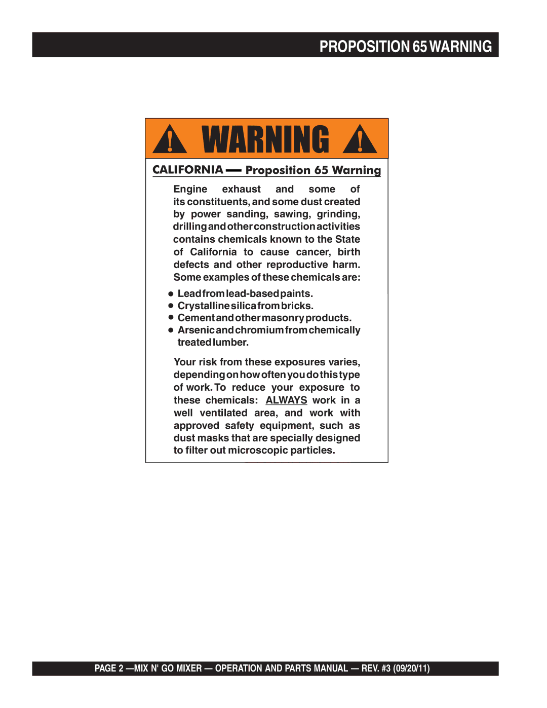 Multiquip MC3SBA (B&S), MC3SEA, MC3PBA (B&S), MC3PEA manual Proposition 65WARNING 