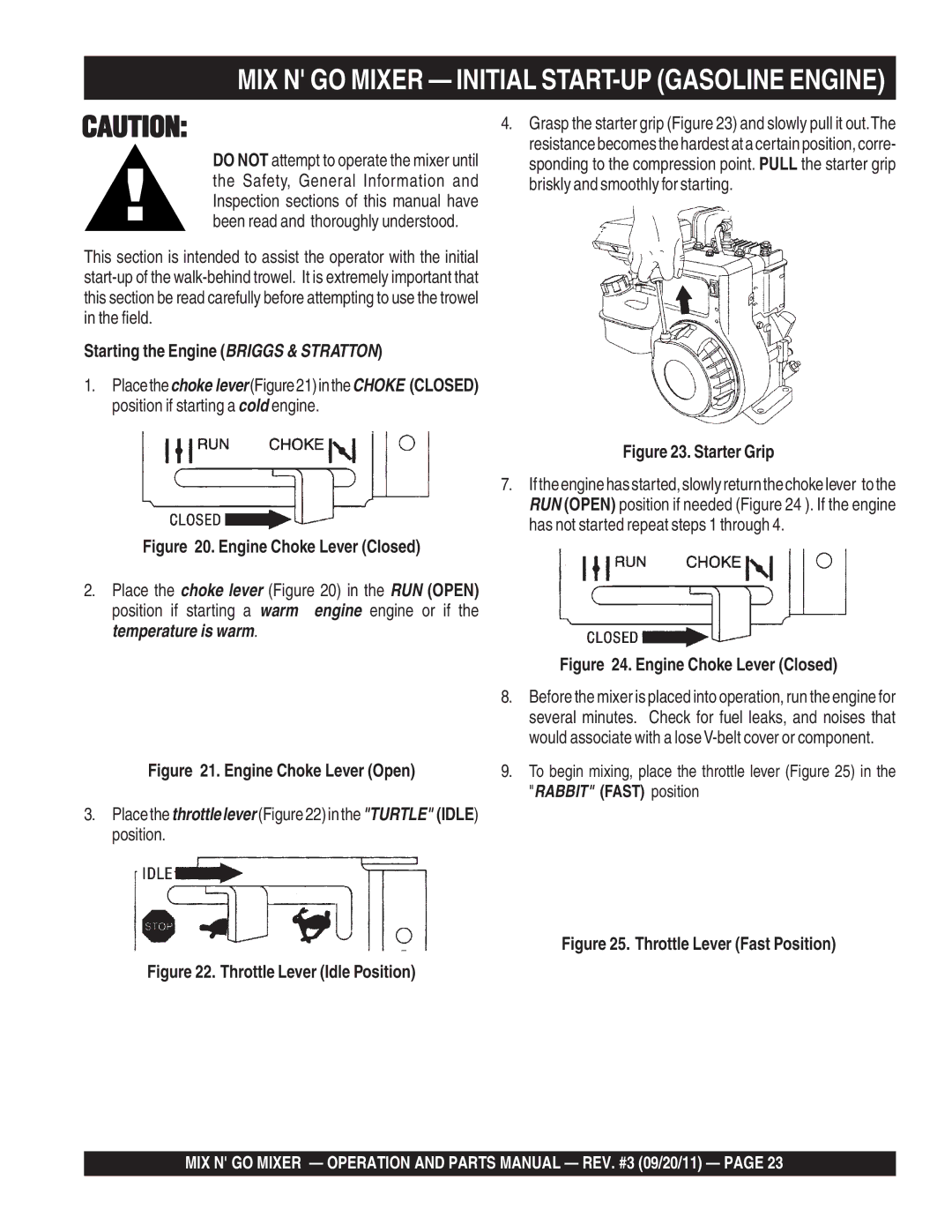 Multiquip MC3PEA, MC3SEA, MC3PBA (B&S), MC3SBA (B&S) manual Starting the Engine Briggs & Stratton, Engine Choke Lever Closed 