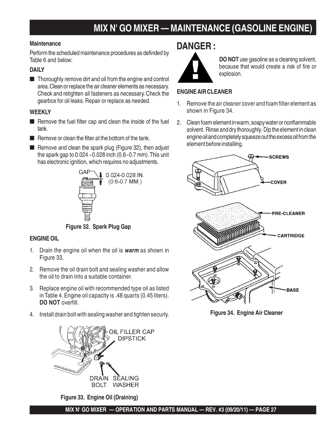 Multiquip MC3PEA, MC3SEA, MC3PBA (B&S), MC3SBA (B&S) manual Spark Plug Gap, Engine Air Cleaner 