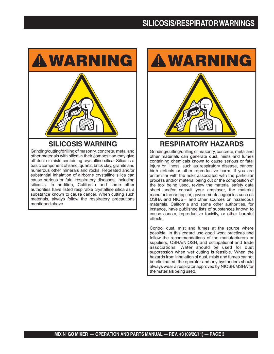 Multiquip MC3PEA, MC3SEA, MC3PBA (B&S), MC3SBA (B&S) manual Silicosis/Respiratorwarnings, Silicosis Warning 