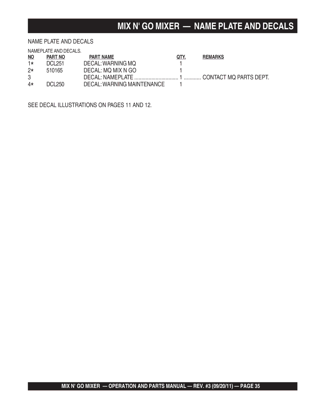 Multiquip MC3PEA, MC3SEA, MC3PBA (B&S), MC3SBA (B&S) manual Decalwarning MQ 