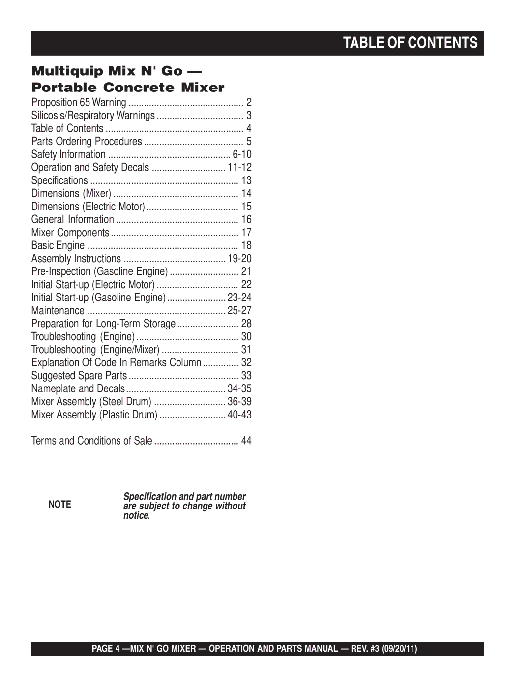 Multiquip MC3SEA, MC3PBA (B&S), MC3SBA (B&S), MC3PEA manual Table of Contents 