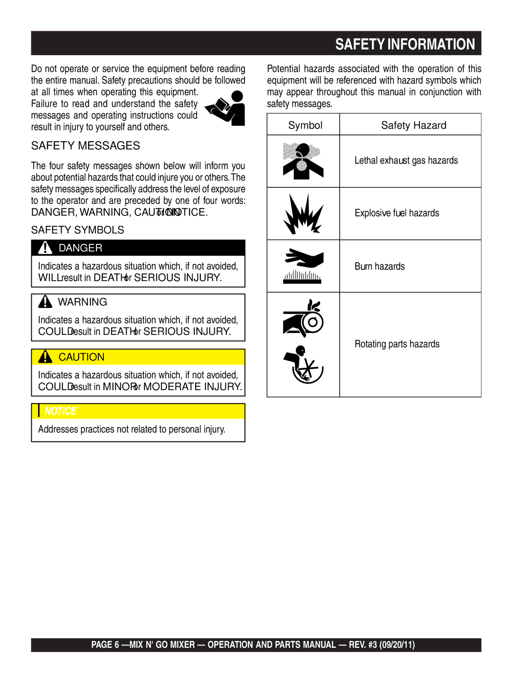 Multiquip MC3SBA (B&S), MC3SEA, MC3PBA (B&S), MC3PEA manual Safety Information, Safety Messages 