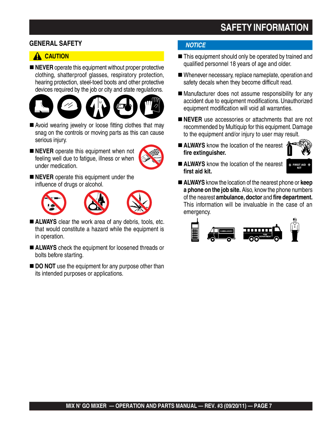 Multiquip MC3PEA, MC3SEA, MC3PBA (B&S), MC3SBA (B&S) manual General Safety 