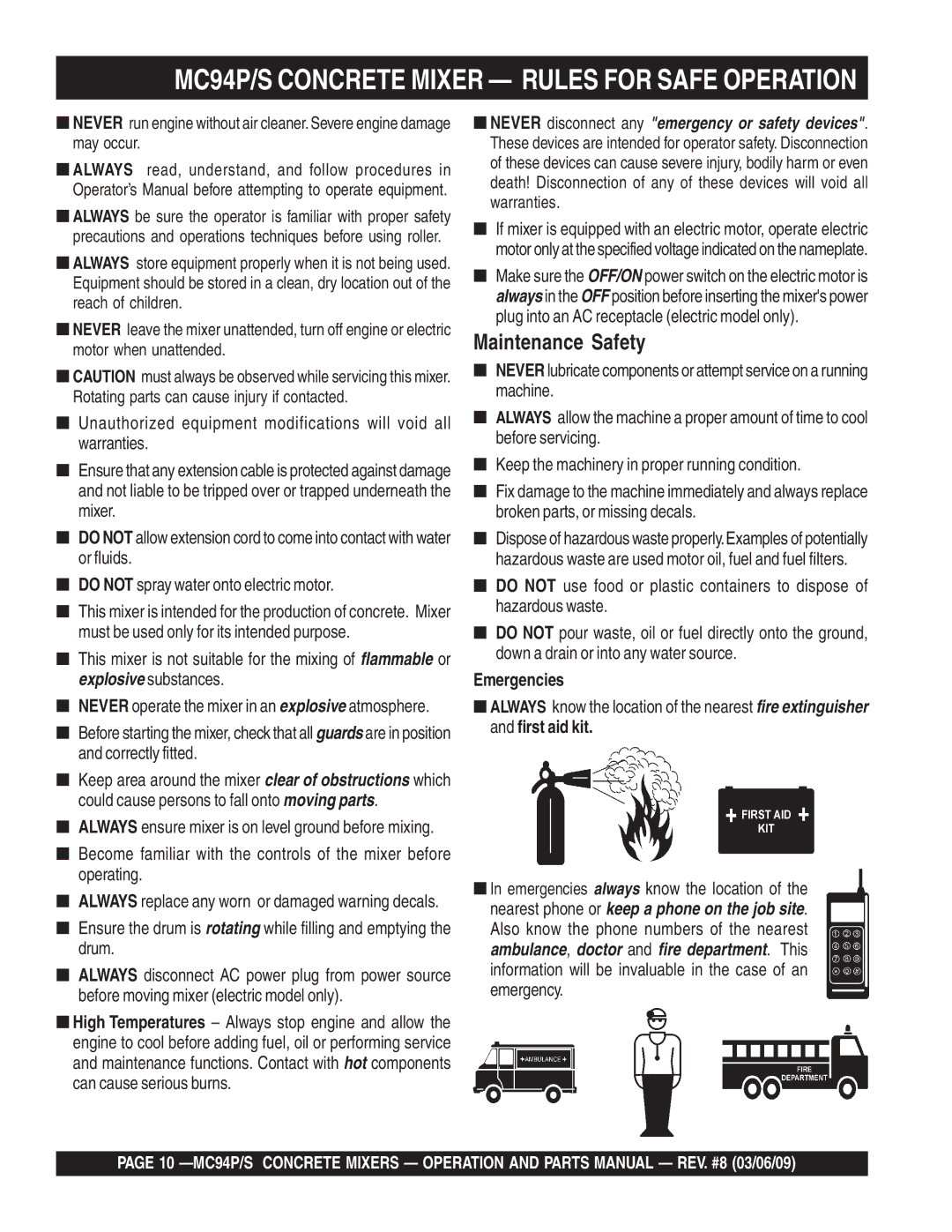 Multiquip MC94S manual MC94P/S Concrete Mixer Rules for Safe Operation, Emergencies 