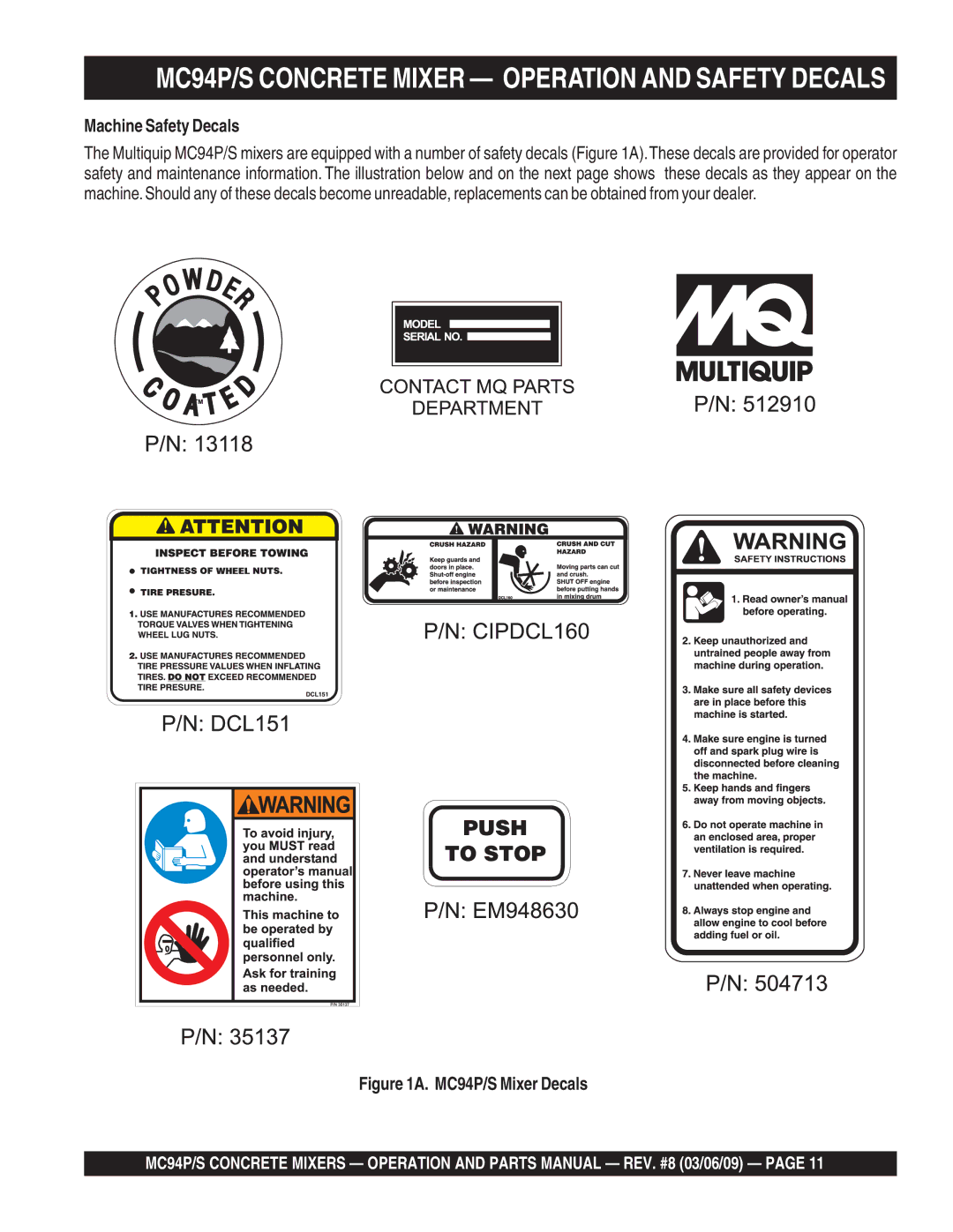 Multiquip MC94S manual MC94P/S Concrete Mixer Operation and Safety Decals, Machine Safety Decals 