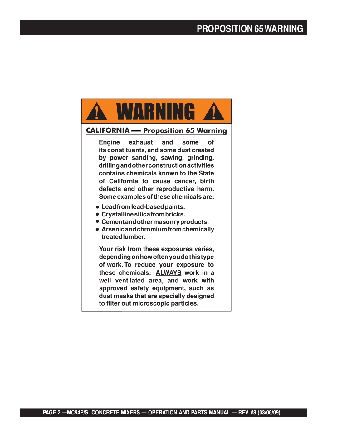 Multiquip MC94P, MC94S manual Proposition 65WARNING 