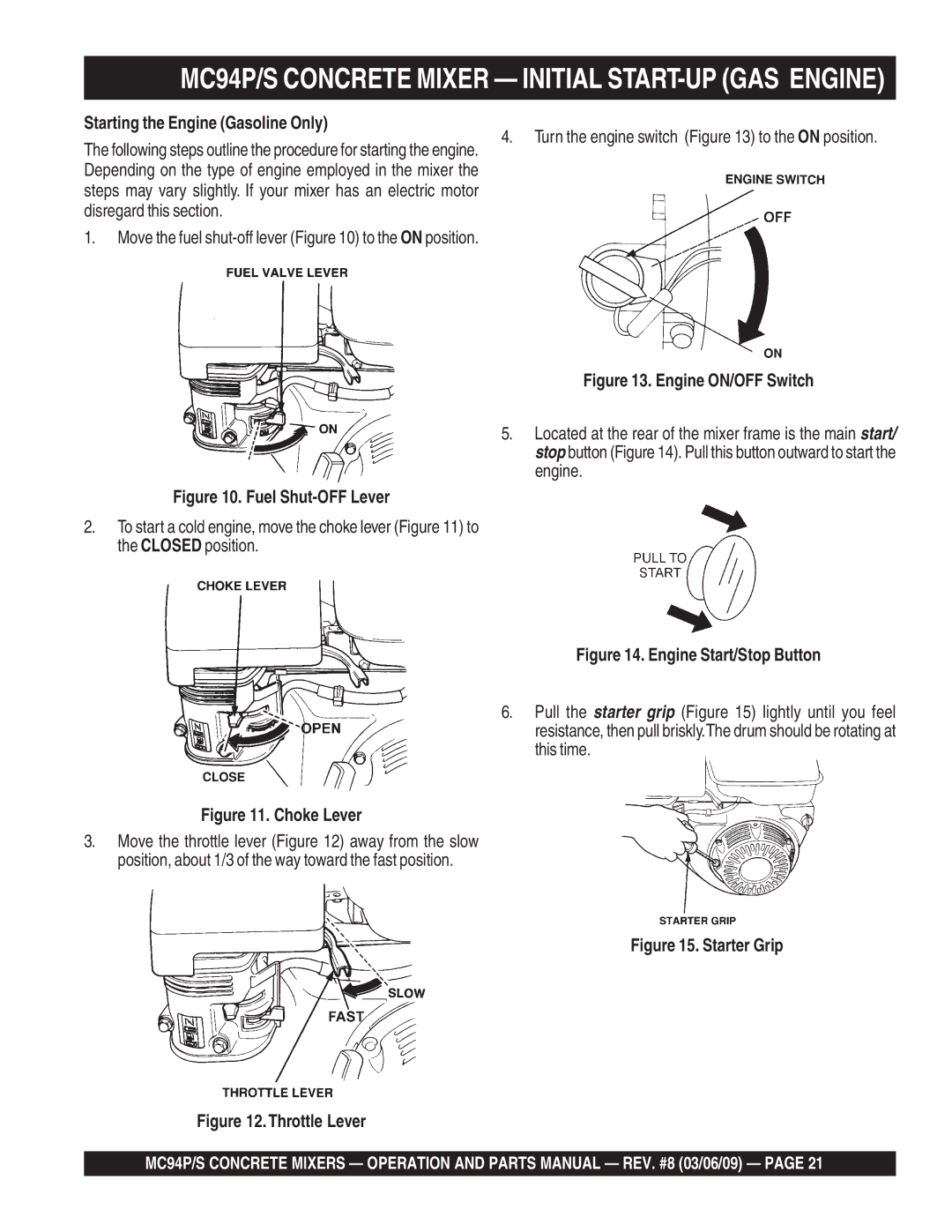 Multiquip MC94S manual MC94P/S Concrete Mixer Initial START-UP GAS Engine, Starting the Engine Gasoline Only 