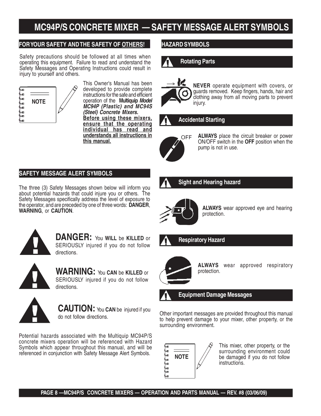 Multiquip MC94S manual MC94P/S Concrete Mixer Safety Message Alert Symbols, Foryour Safety and the Safety of Others 