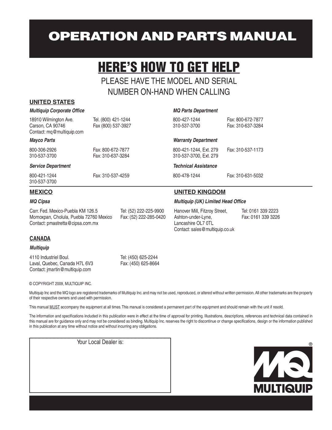 Multiquip MC94P, MC94S manual HERE’S HOW to GET Help 