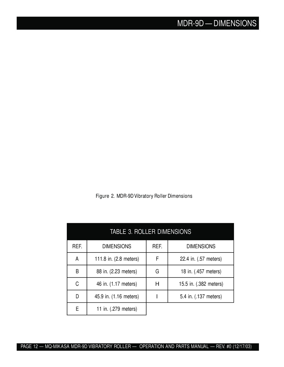 Multiquip manual MDR-9D Dimensions, Roller Dimensions 