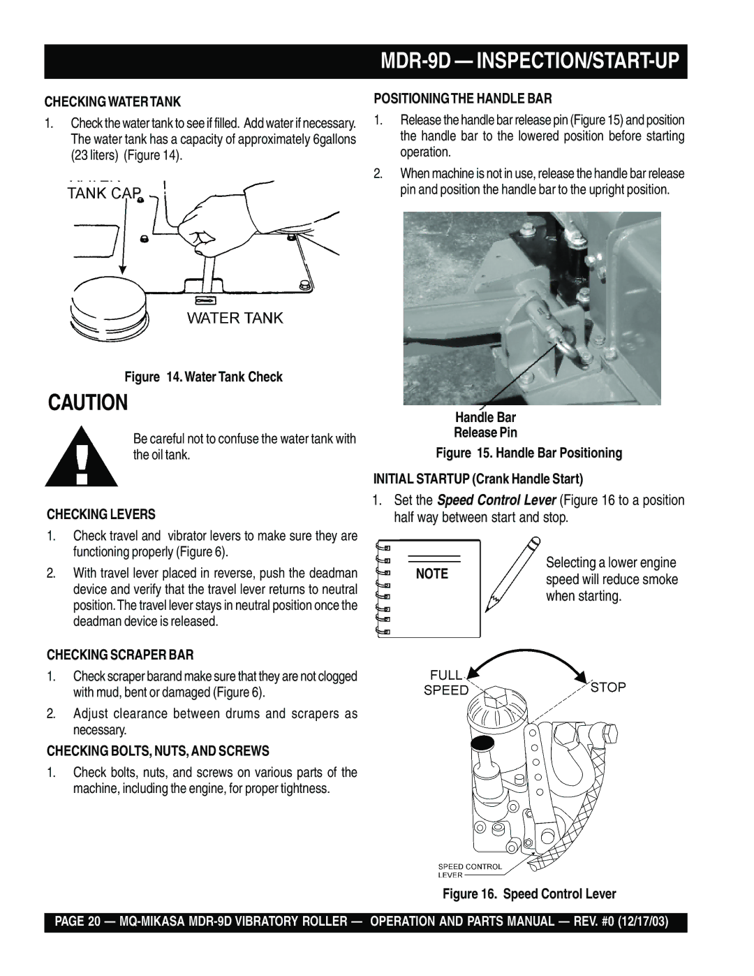 Multiquip MDR-9D manual Checking Watertank, Positioningthe Handle BAR, Checking Levers, Checking Scraper BAR 