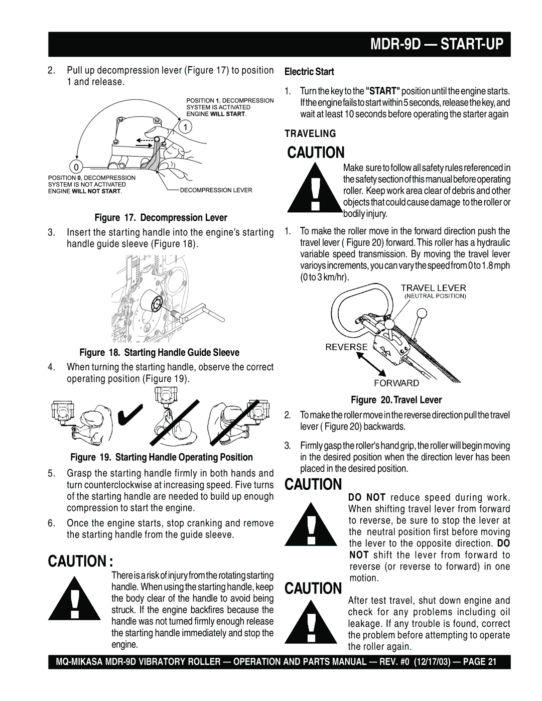 Multiquip manual MDR-9D START-UP, Pull up decompression lever to position 1 and release, Traveling 