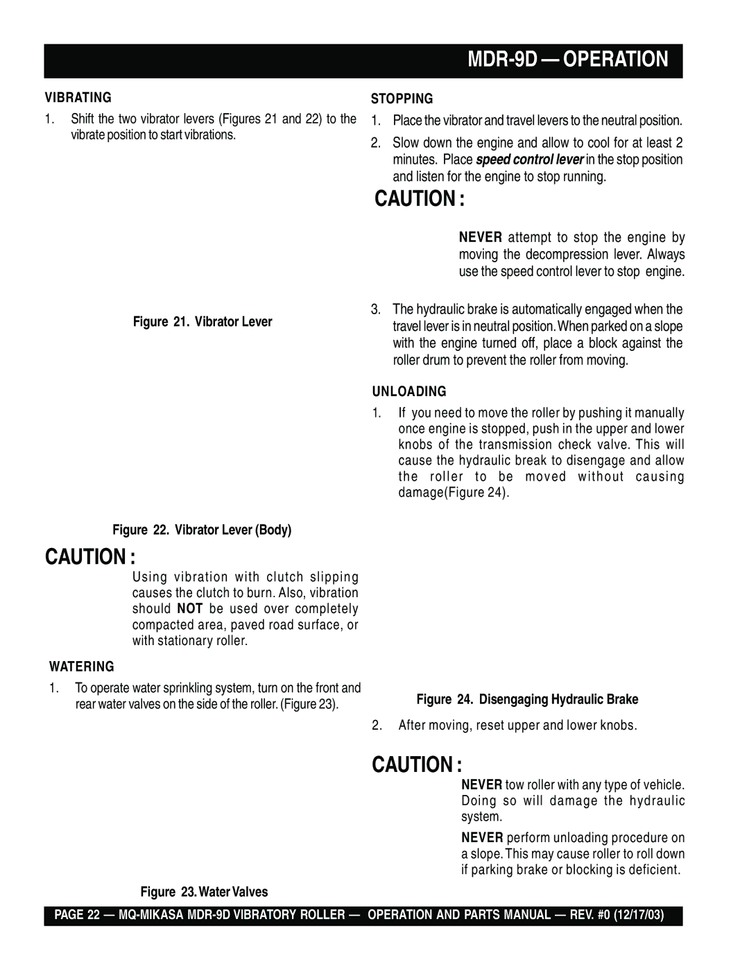 Multiquip manual MDR-9D Operation, Vibrating, Stopping, Unloading, Watering 