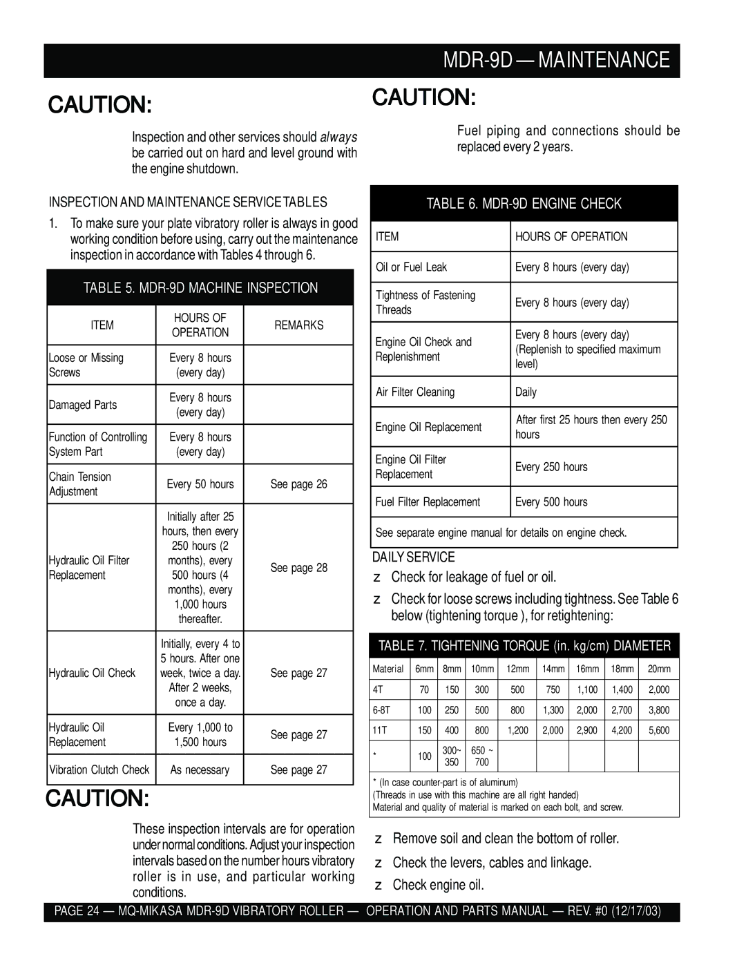 Multiquip manual MDR-9D Maintenance, Daily Service 