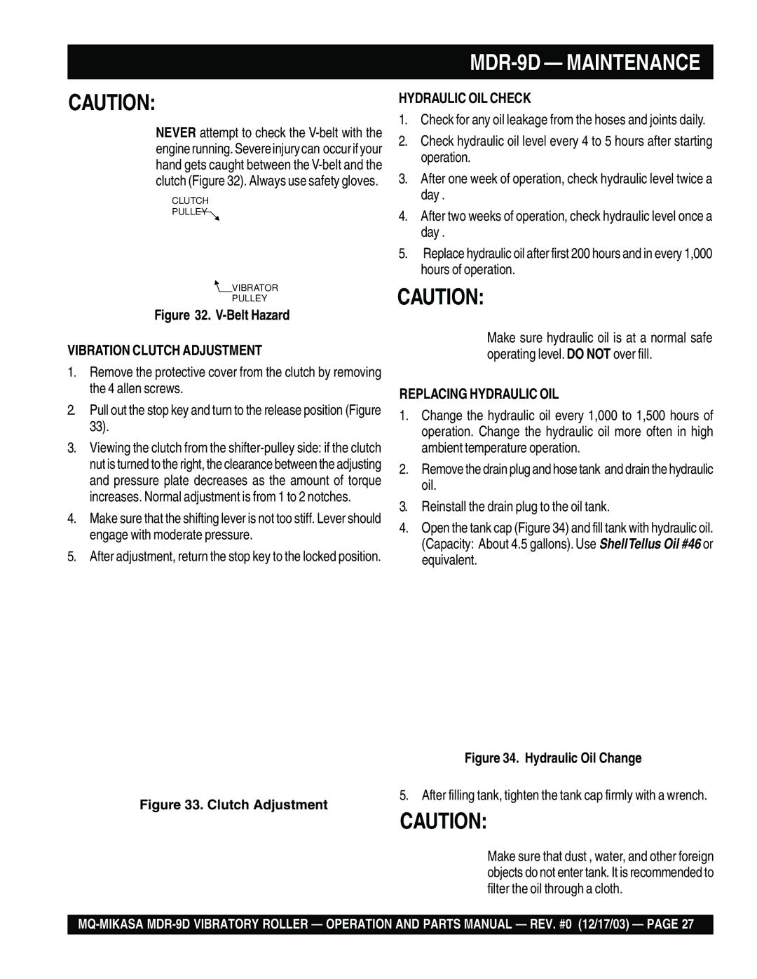 Multiquip MDR-9D manual Vibration Clutch Adjustment, Hydraulic OIL Check, Replacing Hydraulic OIL 