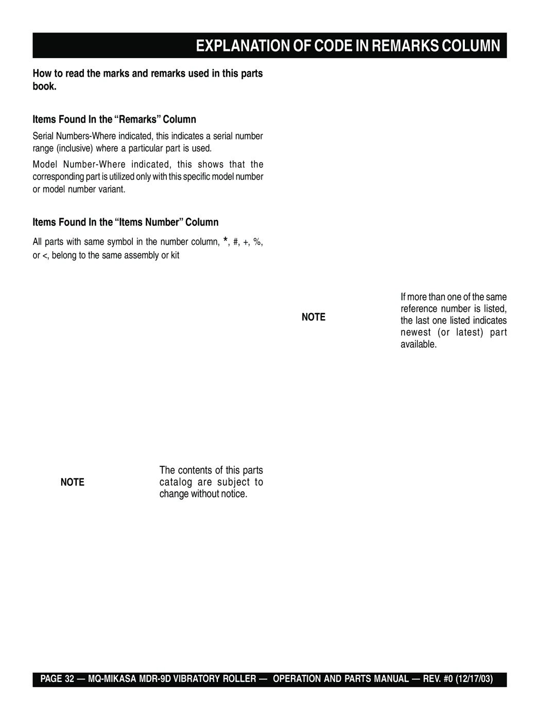 Multiquip MDR-9D manual Explanation of Code in Remarks Column 