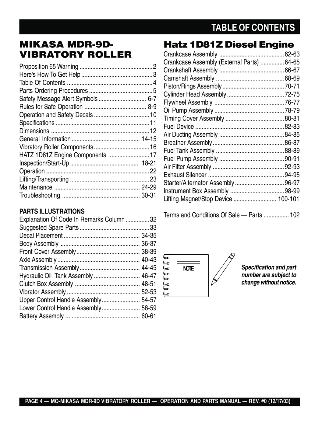 Multiquip MDR-9D manual Table of Contents 