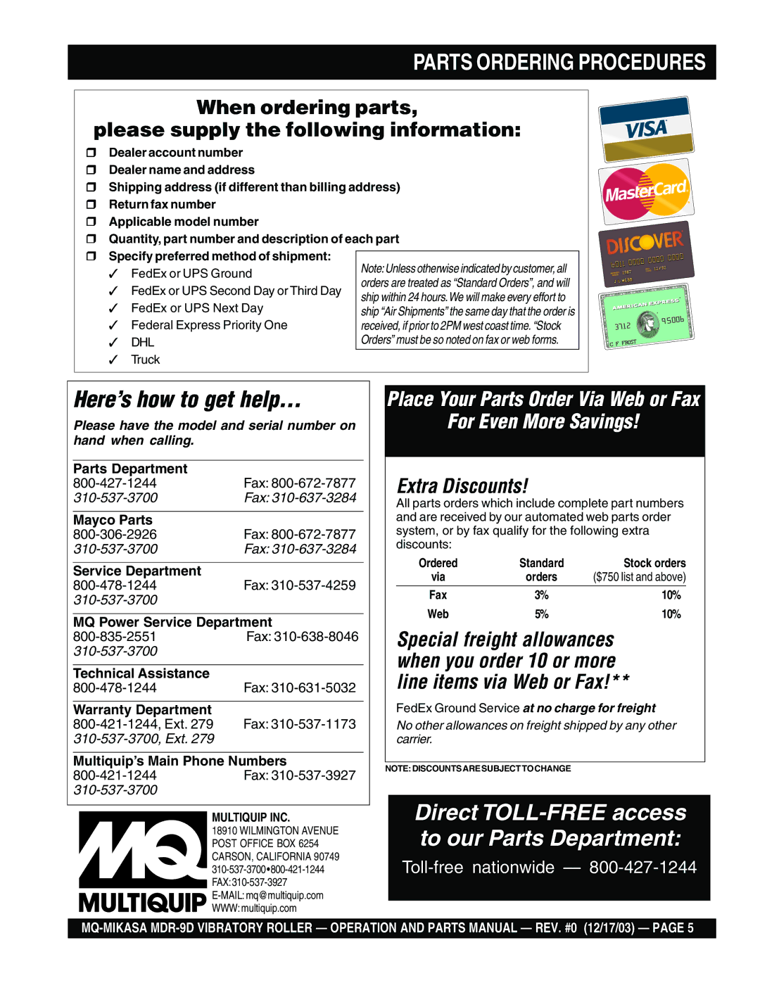 Multiquip MDR-9D manual Parts Ordering Procedures, Fax 