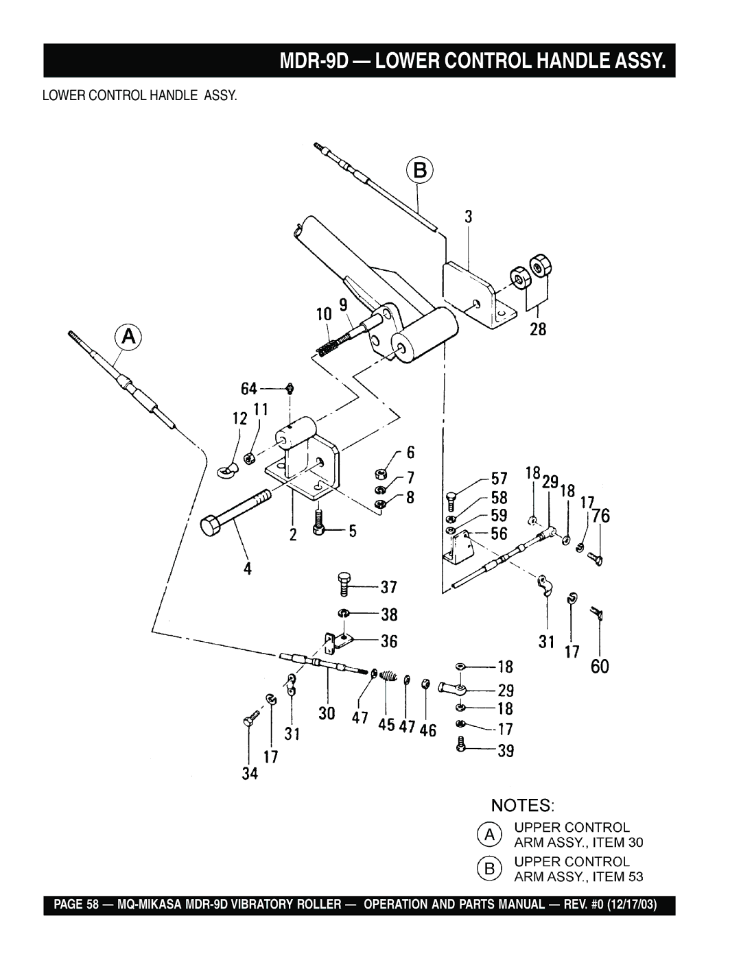 Multiquip manual MDR-9D Lower Control Handle Assy 