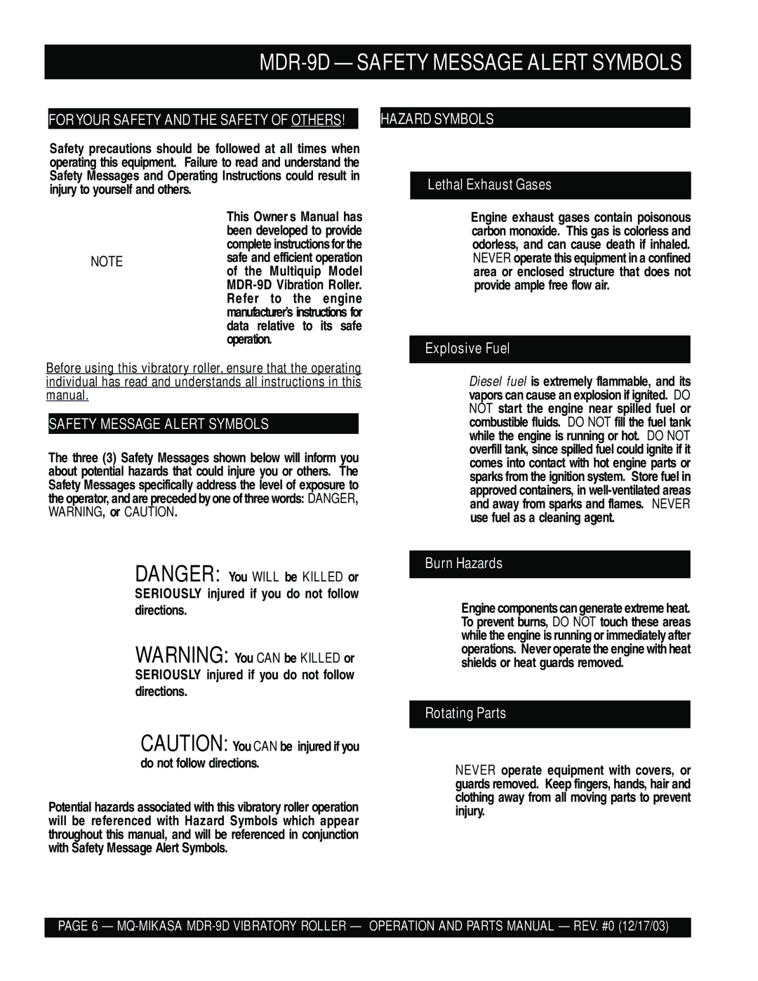 Multiquip manual MDR-9D Safety Message Alert Symbols, Seriously injured if you do not follow directions 