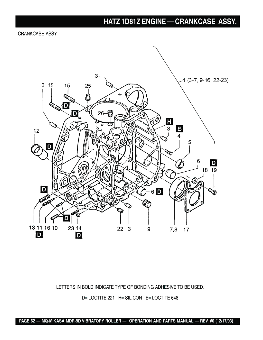 Multiquip MDR-9D manual Hatz 1D81Z Engine Crankcase Assy 