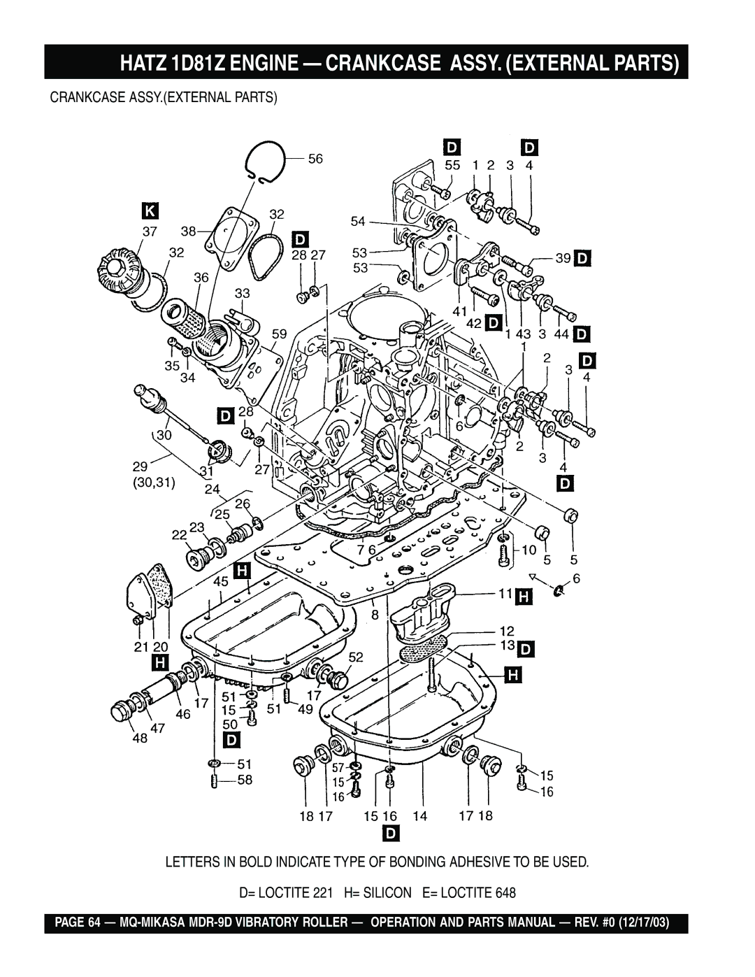 Multiquip MDR-9D manual Hatz 1D81Z Engine Crankcase ASSY. External Parts 