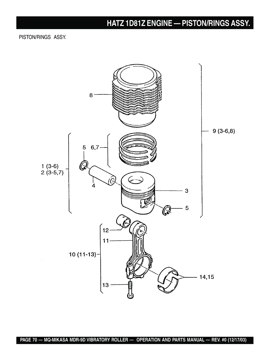 Multiquip MDR-9D manual Hatz 1D81Z Engine PISTON/RINGS Assy 