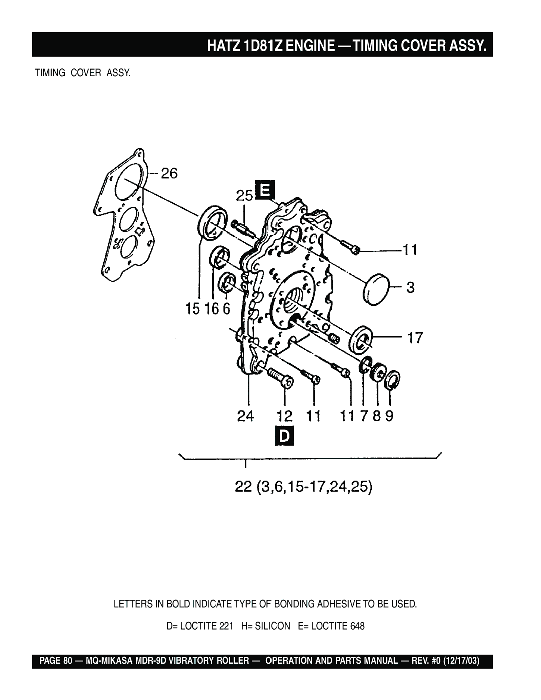 Multiquip MDR-9D manual Hatz 1D81Z Engine -TIMING Cover Assy 