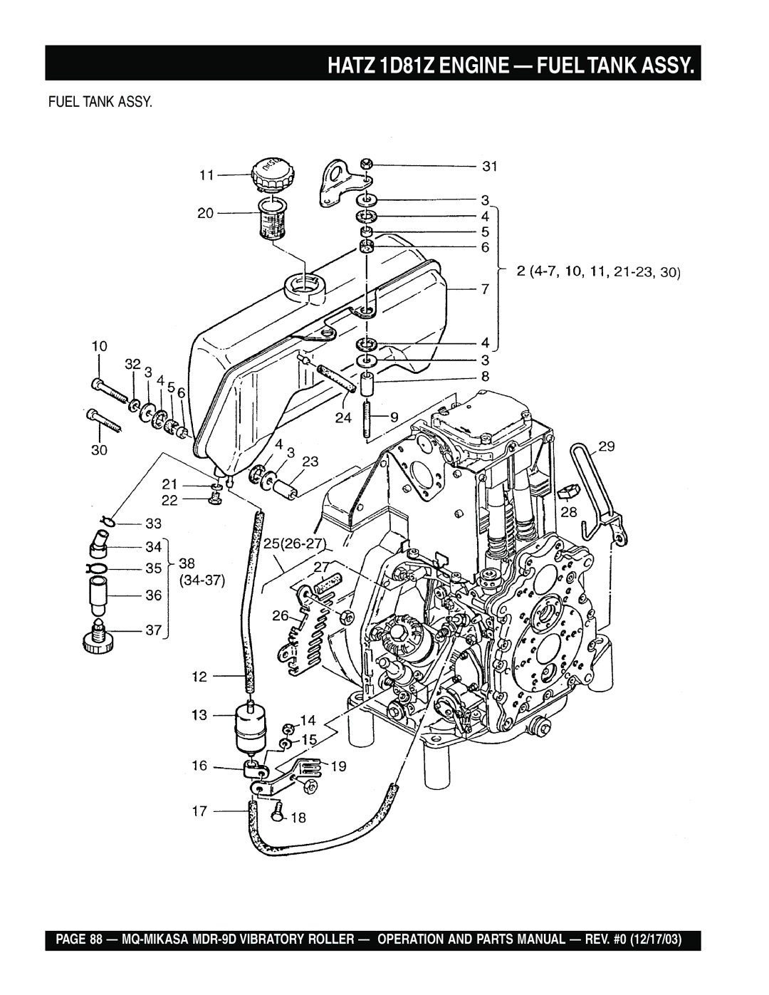 Multiquip MDR-9D manual Hatz 1D81Z Engine Fueltank Assy 