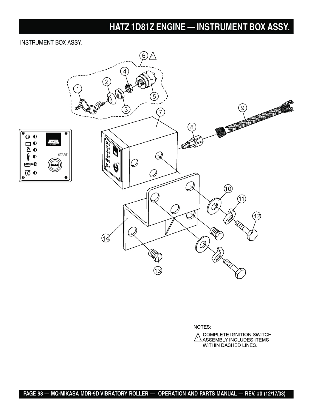 Multiquip MDR-9D manual Hatz 1D81Z Engine Instrument BOX Assy 