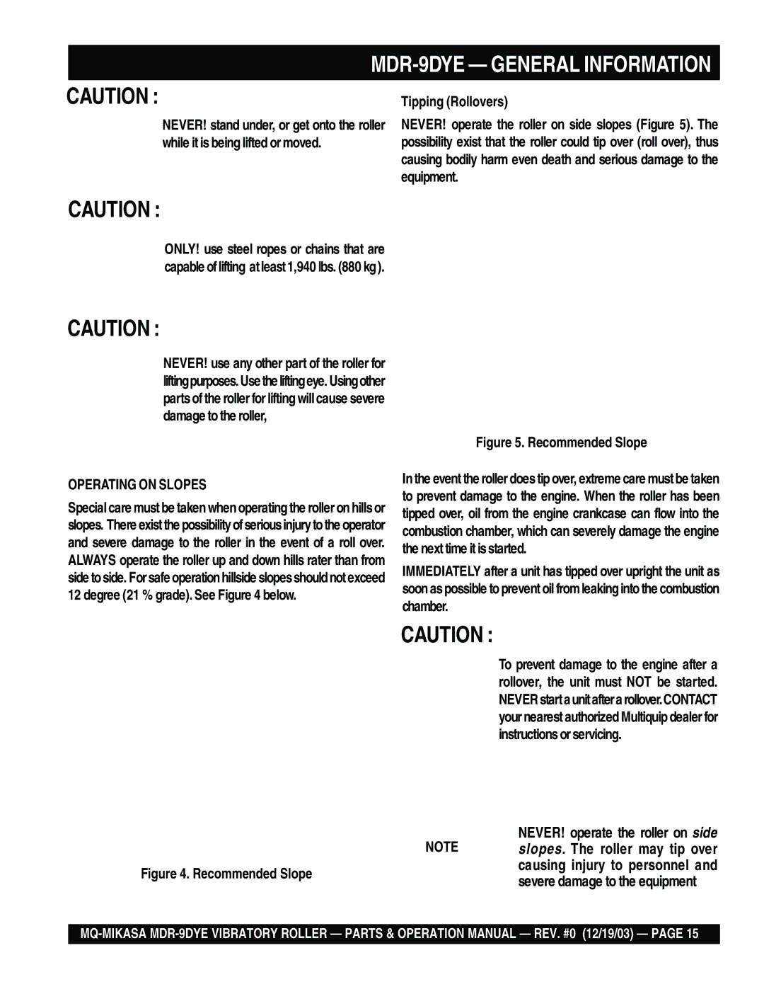 Multiquip manual MDR-9DYE General Information, Operating on Slopes 