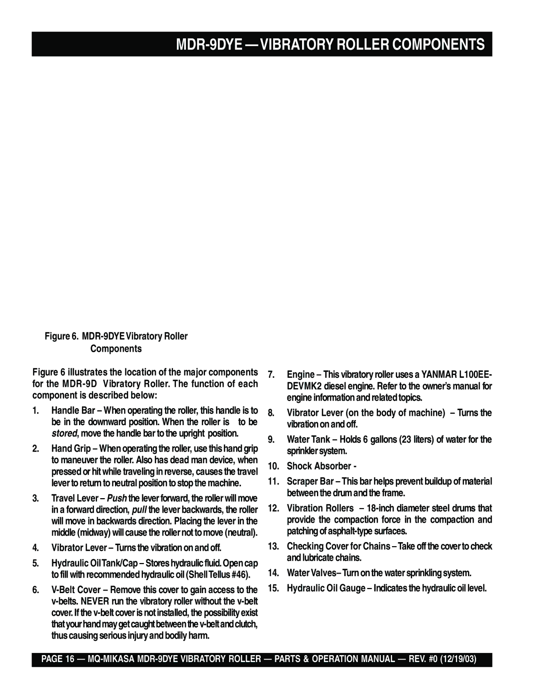 Multiquip manual MDR-9DYE -VIBRATORY Roller Components 