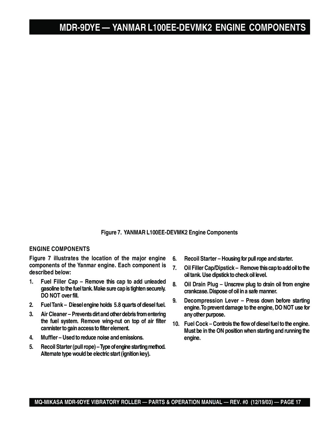 Multiquip manual MDR-9DYE Yanmar L100EE-DEVMK2 Engine Components 