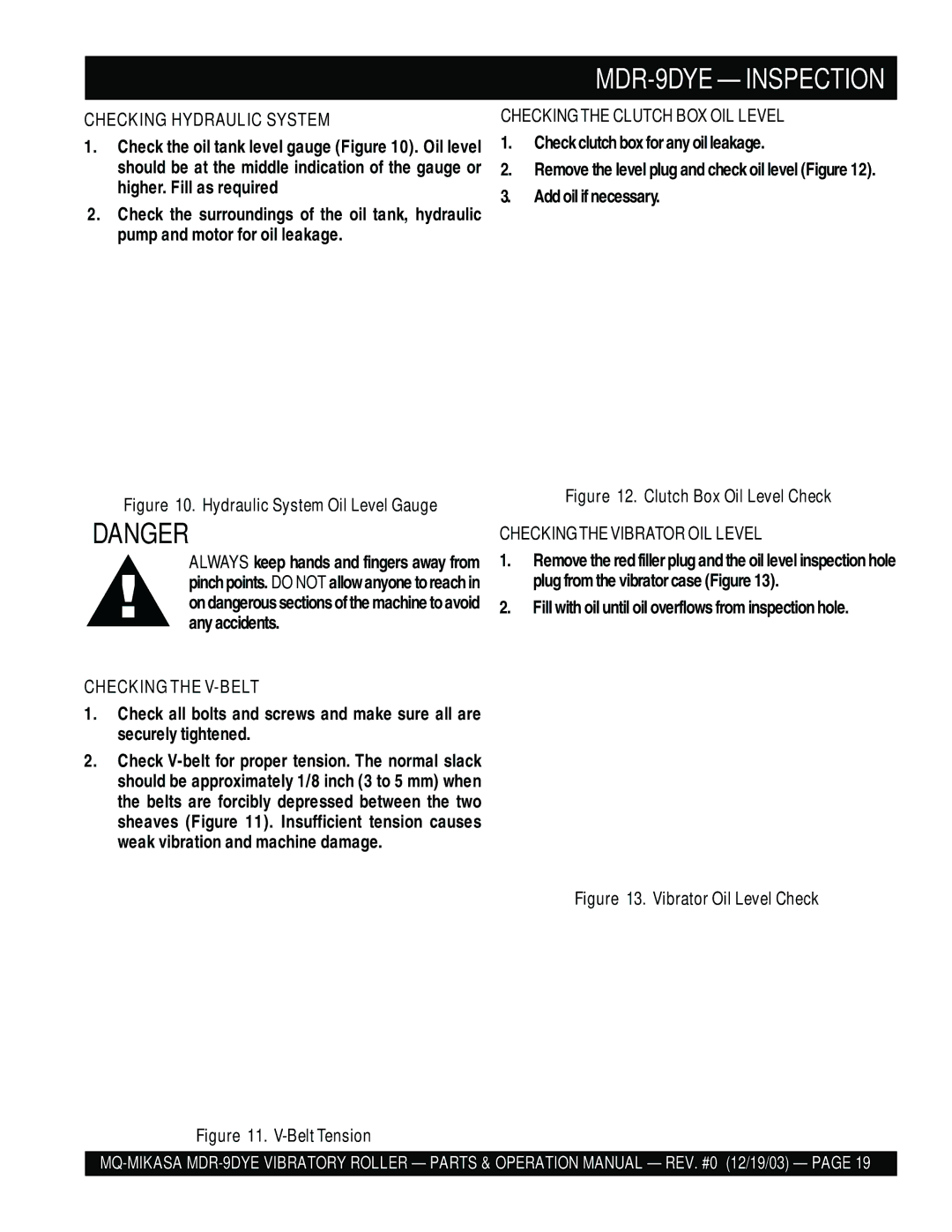 Multiquip MDR-9DYE manual Checking Hydraulic System, Checking the V-BELT, Checkingthe Clutch BOX OIL Level 