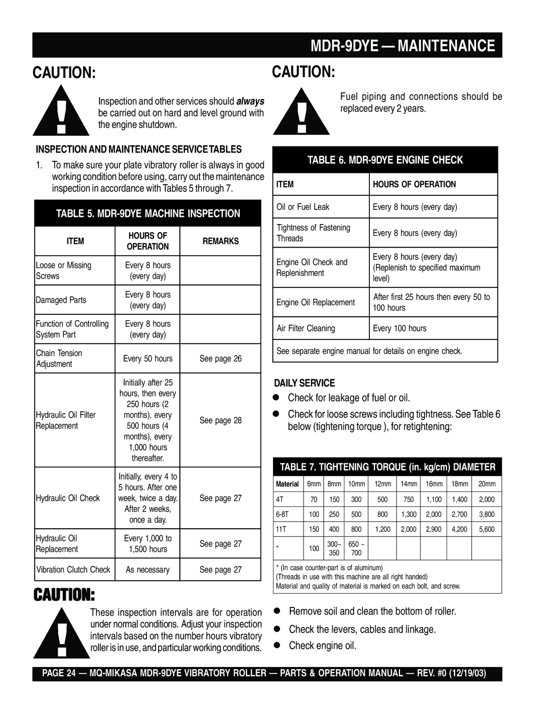 Multiquip manual MDR-9DYE Maintenance, Daily Service 