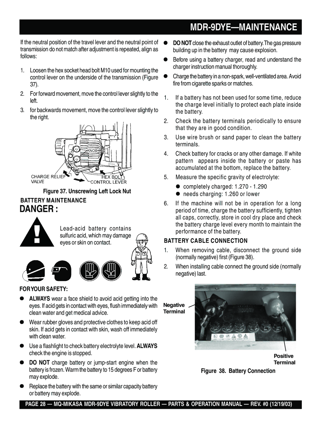 Multiquip MDR-9DYE manual Battery Maintenance, Battery Cable Connection, Foryour Safety 